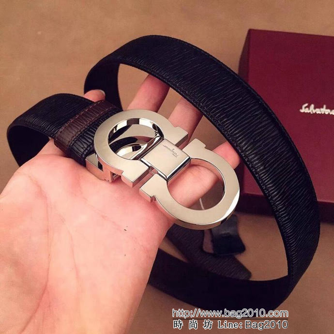 Ferragamo菲拉格慕 雙面頭層牛皮牙籤紋 獨特風格 精鋼扣 男士皮帶  xfp1186